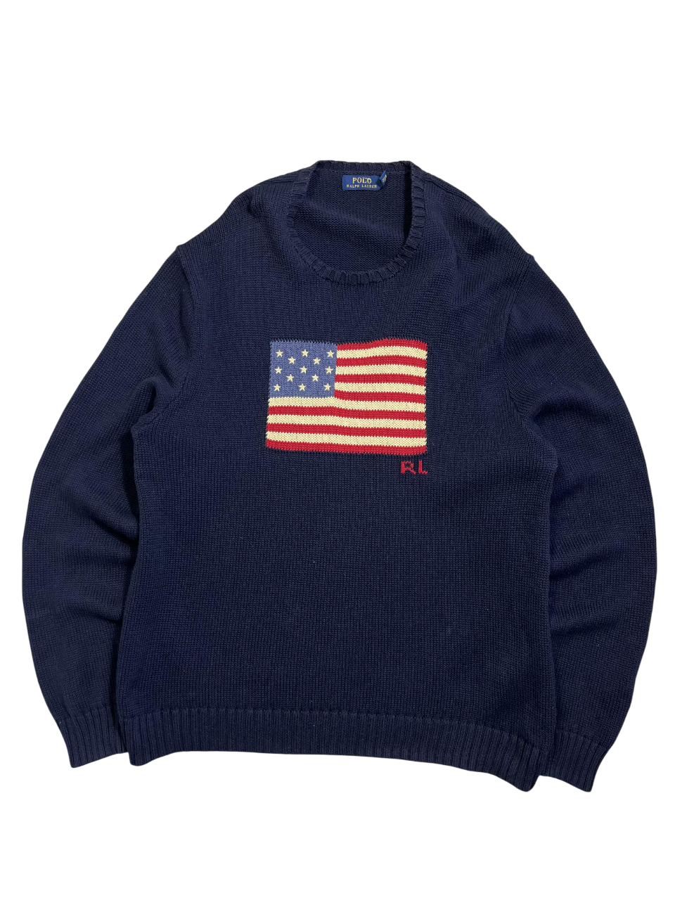 Sötétkék vintage pulóver hímzett amerikai zászló mintával, streetwear stílusban