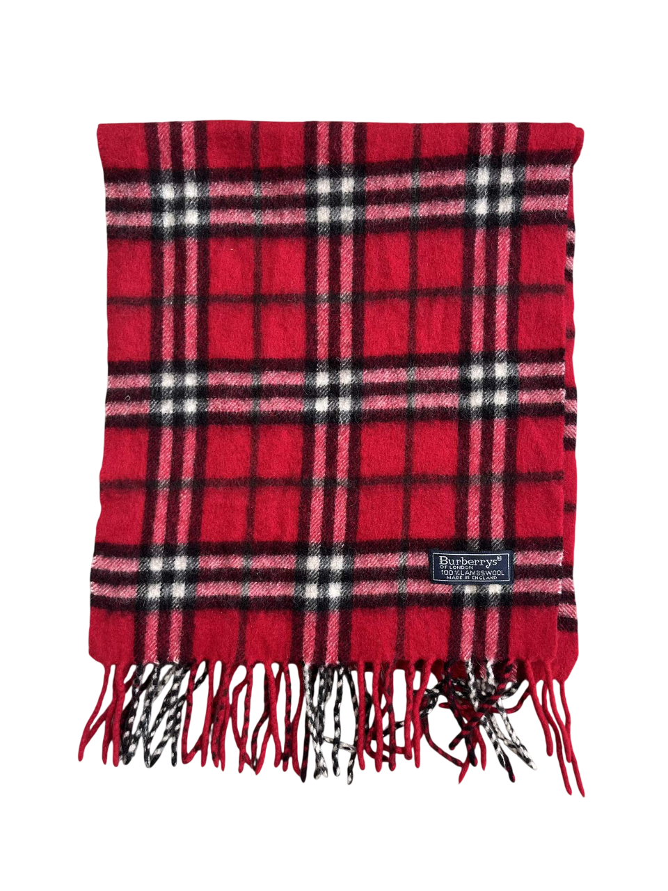 Vörös kockás vintage gyapjú sál, rojtos széllel, Burberry feliratos címkével