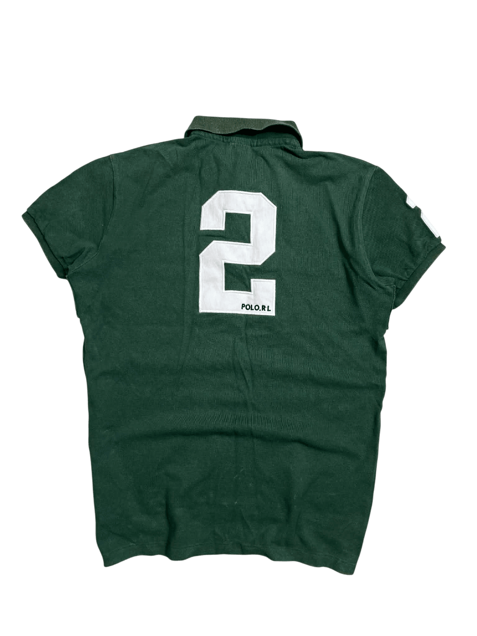 Sötétzöld vintage galléros póló, hátán fehér 2-es szám és POLO.RL felirat