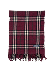 Bordó kockás mintás vintage Burberry sál rojtokkal, gyapjú streetwear kiegészítő