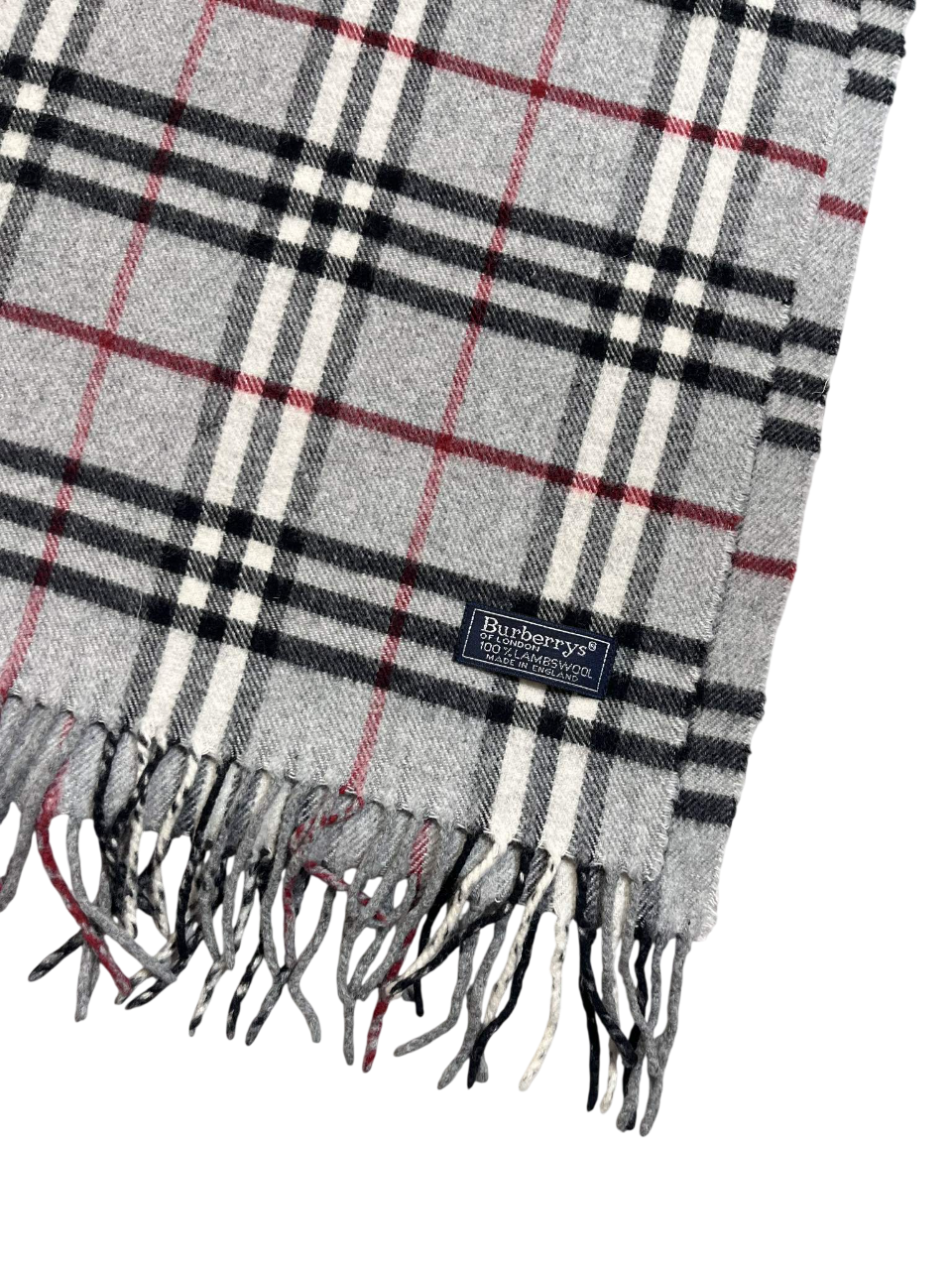 Klasszikus kockás mintás, szürke-fekete piros sávos gyapjú sál rojtokkal, Burberry címkével