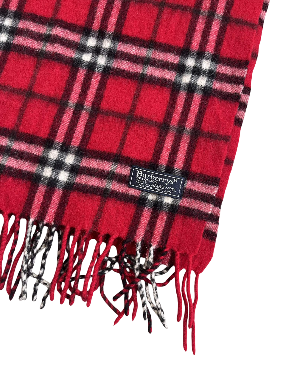 Piros kockás gyapjú sál rojtokkal, vintage Burberry címkével, streetwear stílusban