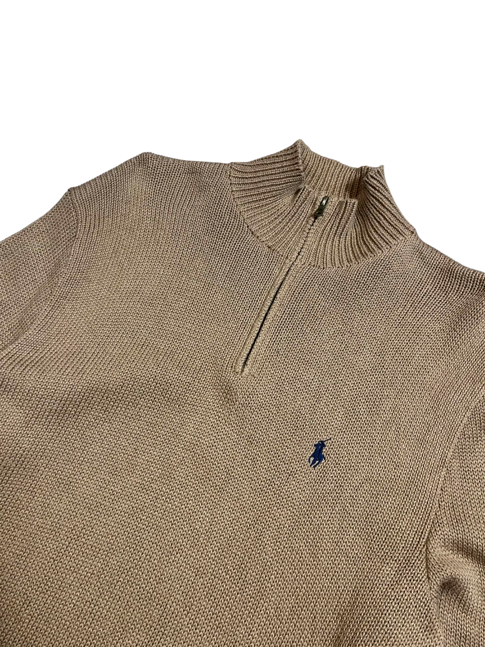 Bézs kötött pulóver fél cipzárral, magas nyakkal, hímzett logóval, vintage streetwear