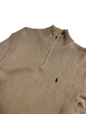 Bézs kötött pulóver fél cipzárral, magas nyakkal, hímzett logóval, vintage streetwear