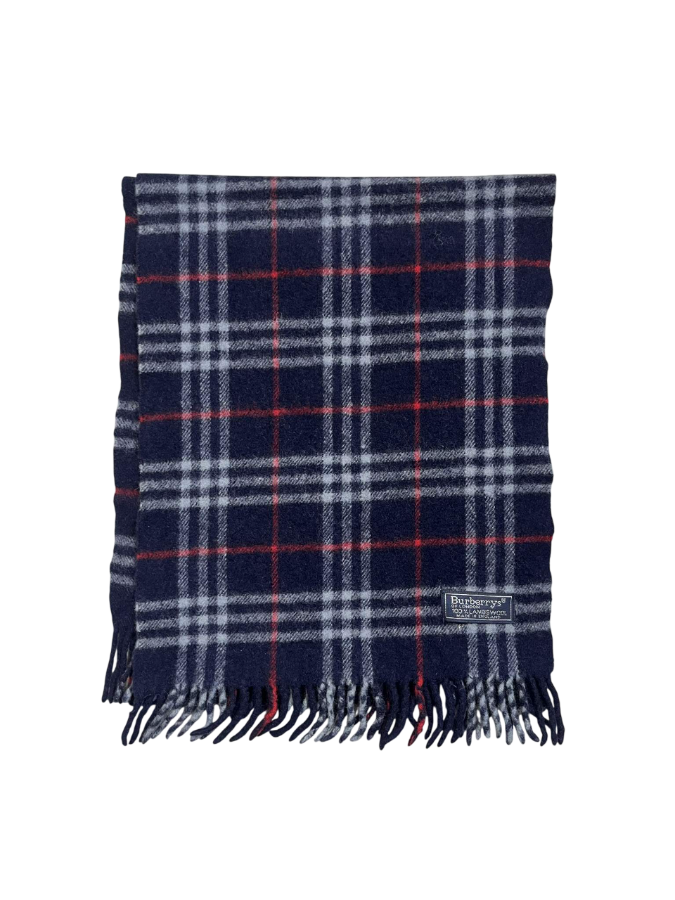 Kockás mintás, sötétkék-piros gyapjú sál, rojtokkal, vintage streetwear kiegészítő