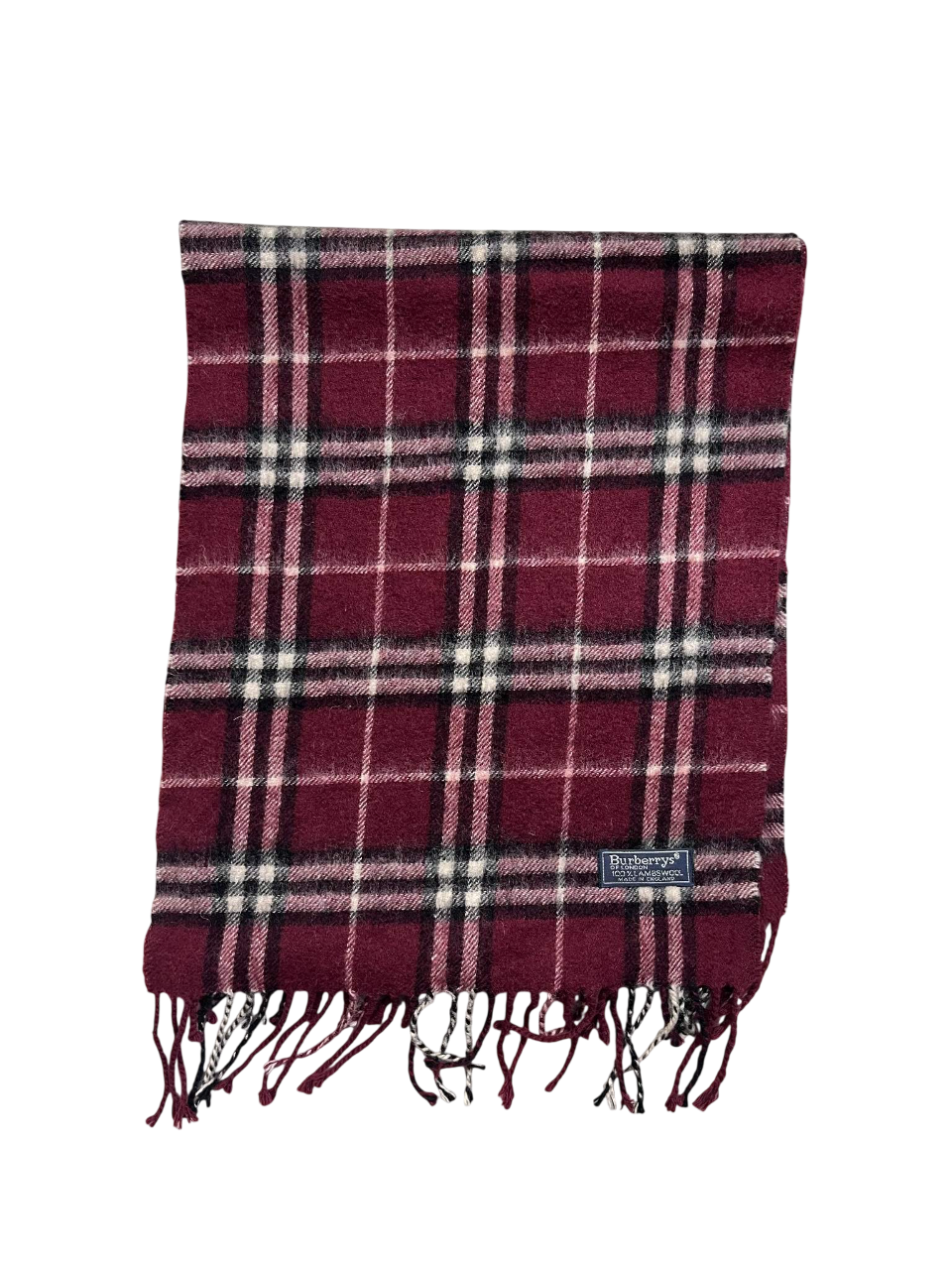 Bordó kockás vintage Burberry gyapjú sál rojtokkal, streetwear kiegészítő