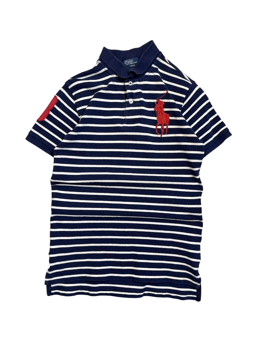 Sötétkék-fehér csíkos vintage póló nagy piros hímzett lovas logóval, gallérral