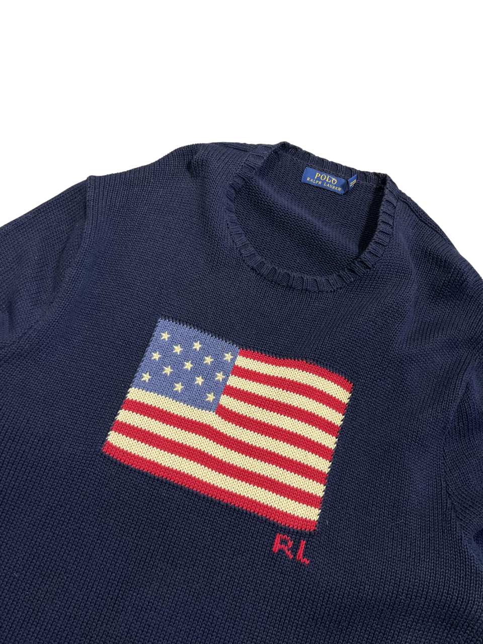 Sötétkék vintage pulóver amerikai zászló mintával, kerek nyakkivágással, streetwear stílus