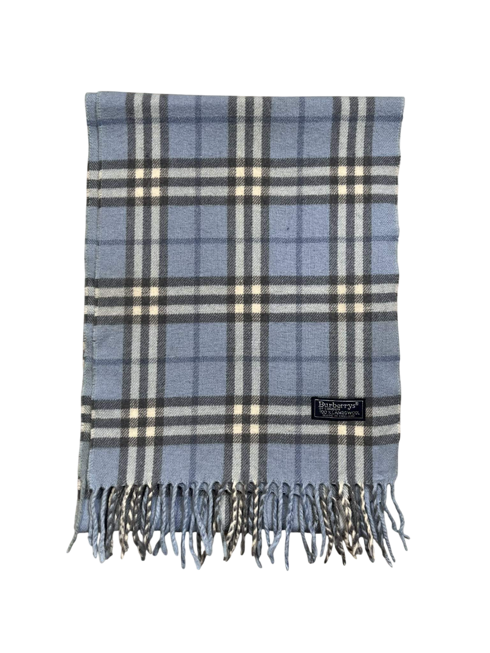 kék kockás mintás, vintage Burberrys gyapjú sál rojtokkal streetwear stílusban