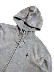 Szürke kapucnis pulóver, elöl cipzárral, hímzett logóval, vintage streetwear stílus