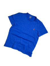 Kék vintage Ralph Lauren póló narancssárga hímzett logóval, streetwear stílusban