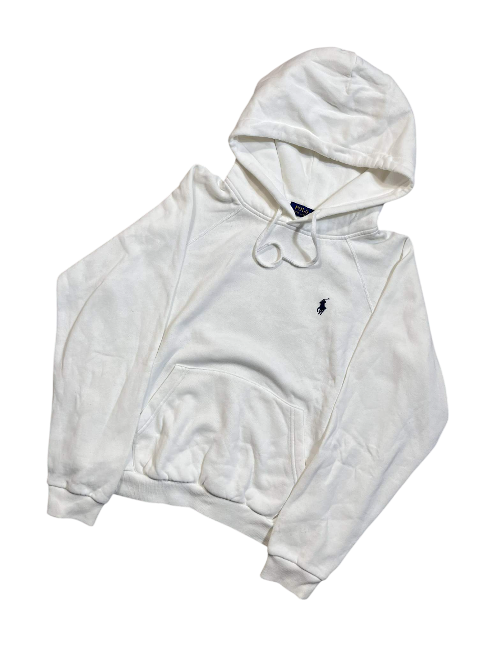 Fehér kapucnis pulóver hímzett logóval, vintage streetwear stílus