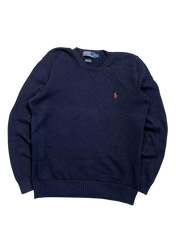 Sötétkék, hosszú ujjú, vintage crewneck pulóver piros hímzett logóval, streetwear stílus