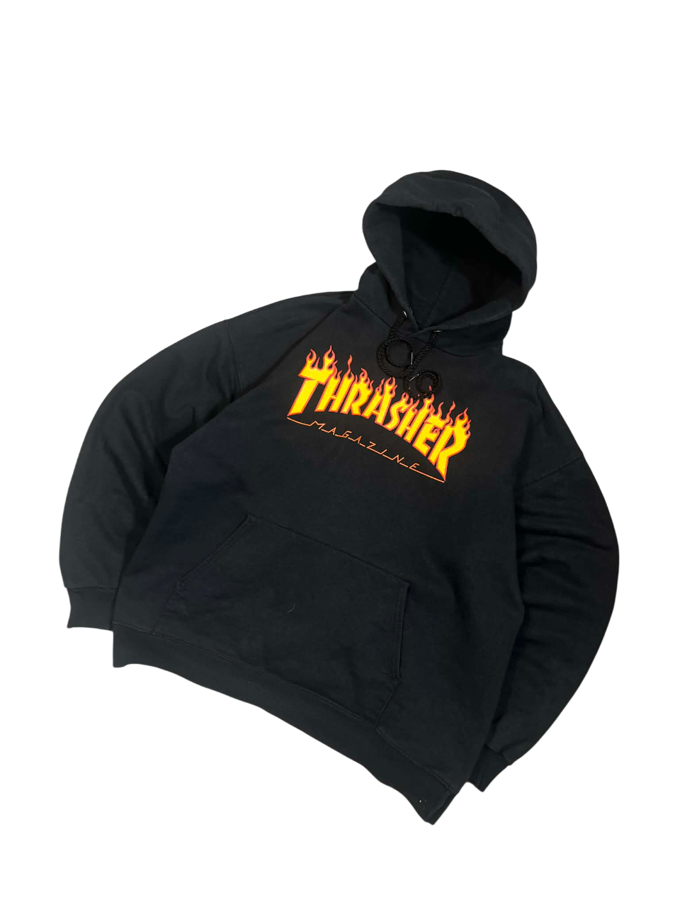 Fekete Thrasher kapucnis streetwear pulóver láng mintával, vintage stílusban