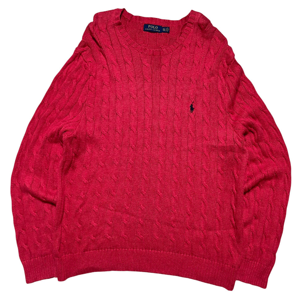 Piros kötött pulóver hímzett logóval, vintage streetwear stílus