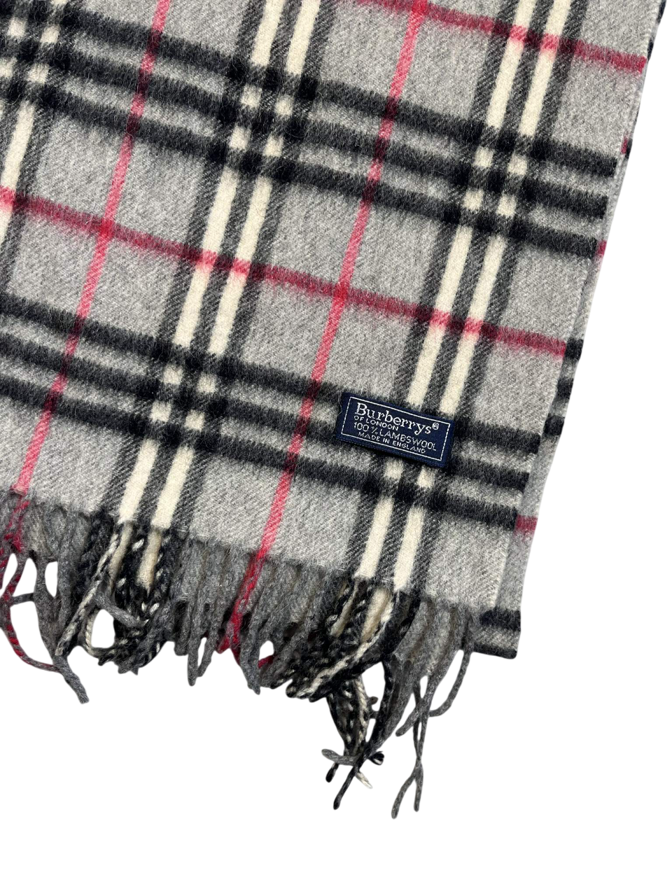 Szürke, kockás gyapjú sál rojtos széllel és Burberry címkével, vintage streetwear divat