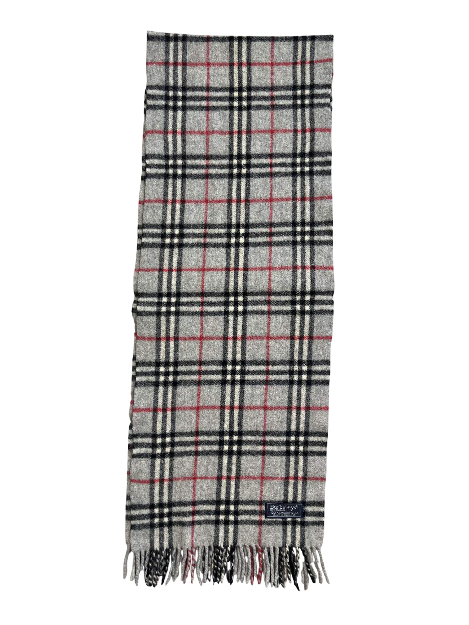 Burberry kockás gyapjú sál, szürke, fekete és piros mintával, vintage streetwear kiegészítő