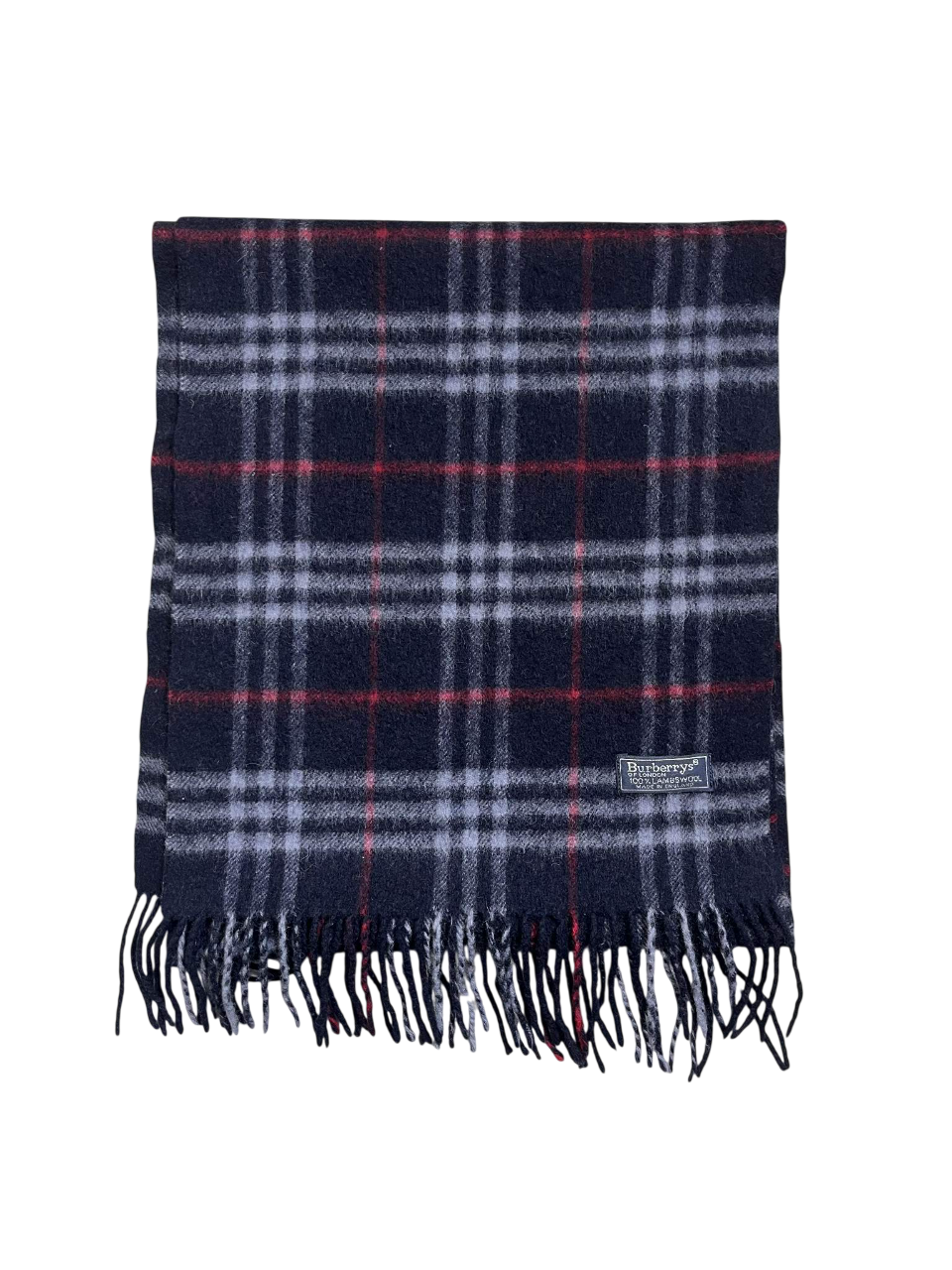 Sötétkék kockás vintage Burberry sál rojtokkal, prémium streetwear kiegészítő