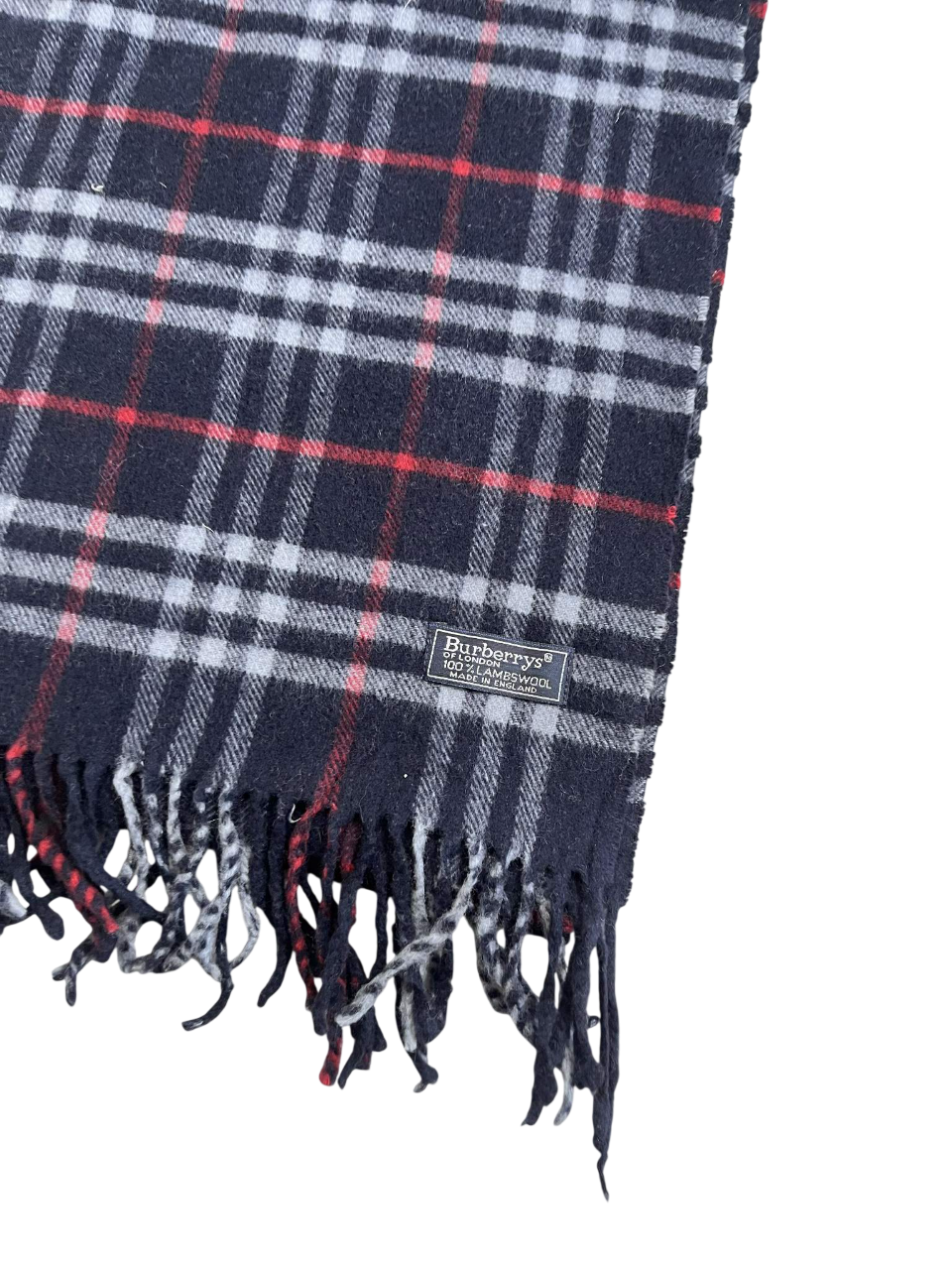 Fekete, piros és fehér kockás vintage sál rojtokkal, Burberrys logóval