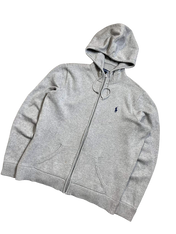 Szürke zipzáras kapucnis pulóver hímzett logóval, vintage streetwear stílusban