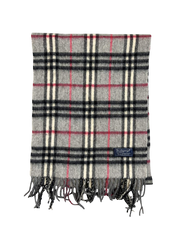 Szürke vintage kockás gyapjúsál, fekete, piros és bézs mintával, rojtokkal