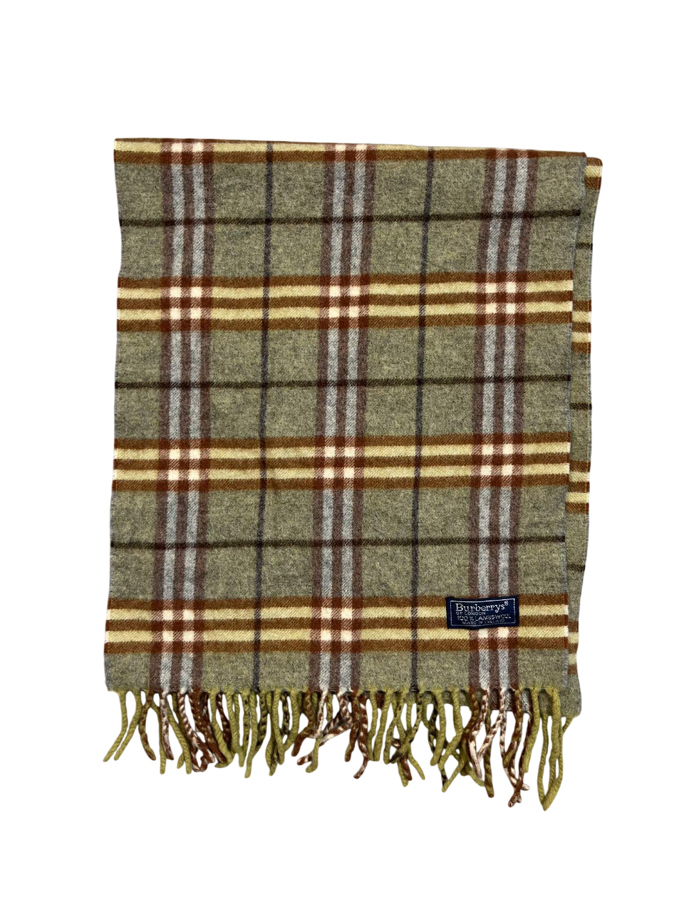 Vintage kockás gyapjú sál, zöld-barna árnyalatú, rojtokkal, klasszikus streetwear stílusban.