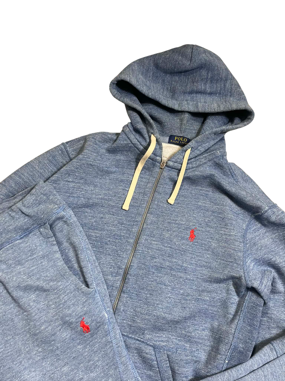 Kék vintage Ralph Lauren cipzáras kapucnis pulóver és melegítőnadrág, piros logóval