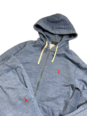 Kék vintage Ralph Lauren cipzáras kapucnis pulóver és melegítőnadrág, piros logóval