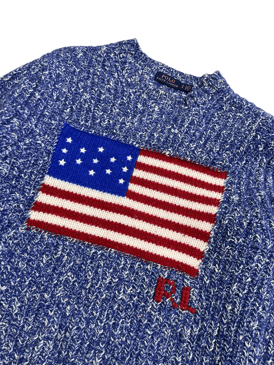 Kék-fehér vintage kötött pulóver amerikai zászló mintával, designer streetwear stílusban