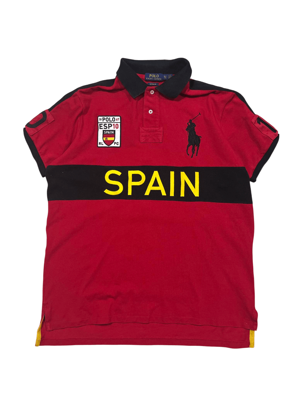 Ralph Lauren vintage piros spanyol póló, fekete gallérral és Spain felirattal, streetwear felső