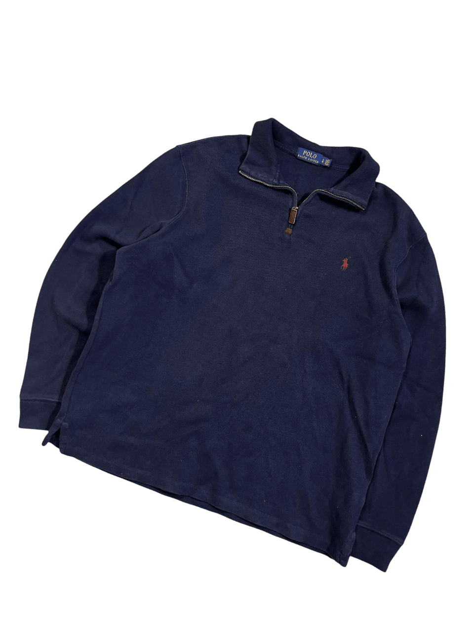 Sötétkék vintage hosszú ujjú Ralph Lauren pulóver cipzáras gallérral, férfi streetwear.