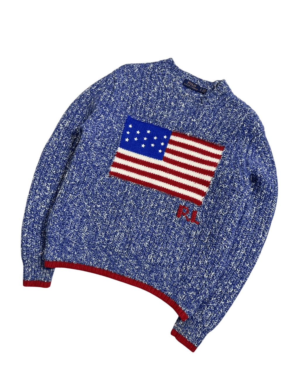 Kék kötött pulóver amerikai zászló mintával, vintage streetwear stílusban