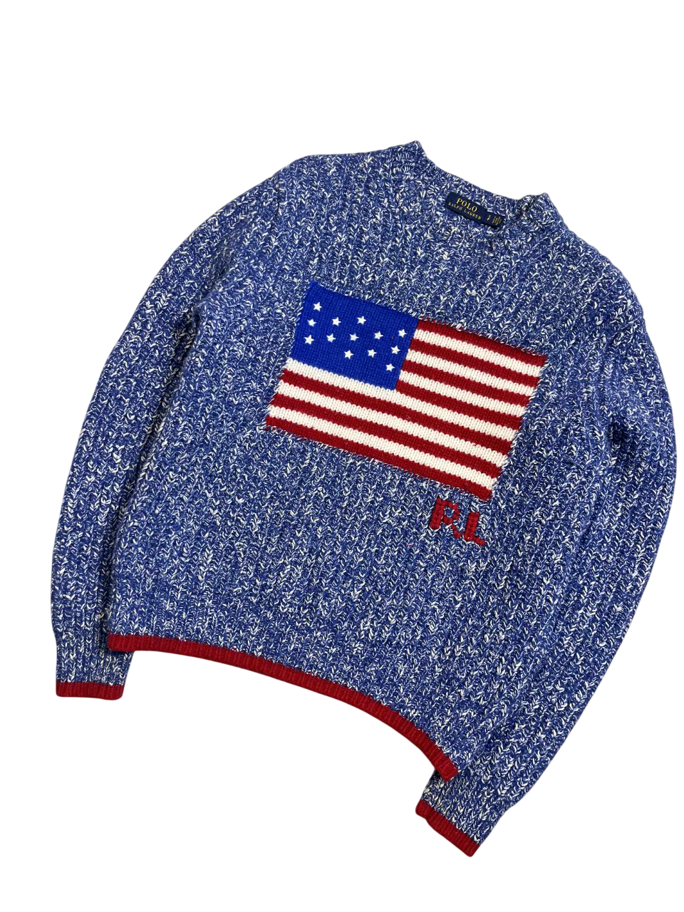 Kék kötött pulóver amerikai zászló mintával, vintage streetwear stílusban