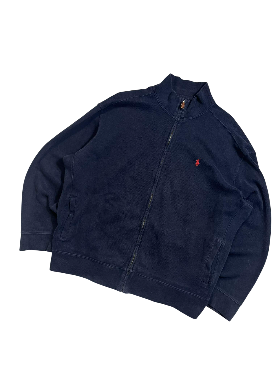 Sötétkék, cipzáras vintage streetwear pulóver, piros logóval a mellrészen