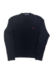 Fekete, kötött vintage Polo Ralph Lauren pulóver piros logóval, kerek nyakkivágással.