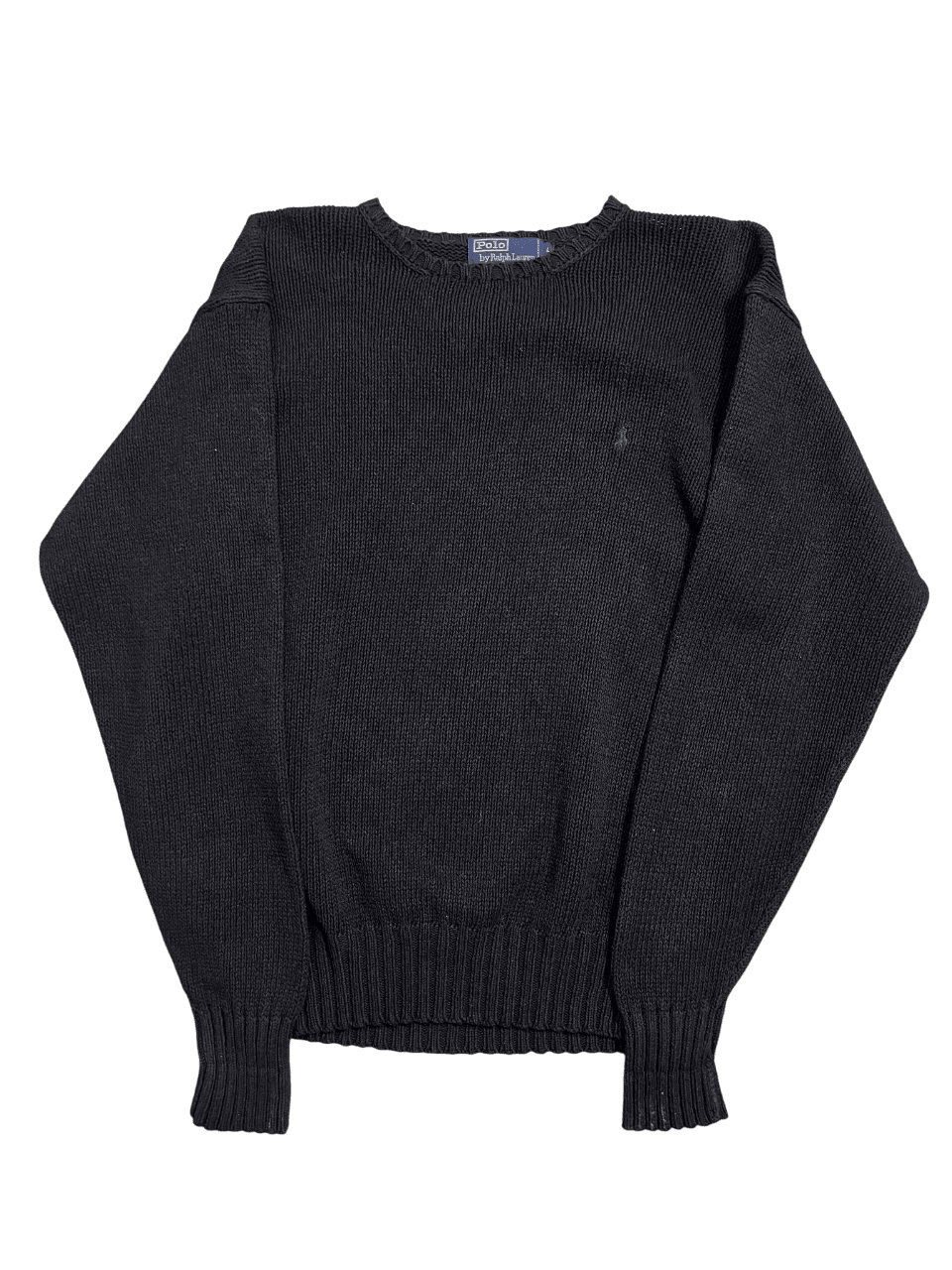 Fekete vintage hosszú ujjú kötött pulóver, klasszikus utcai ruházat stílusban.