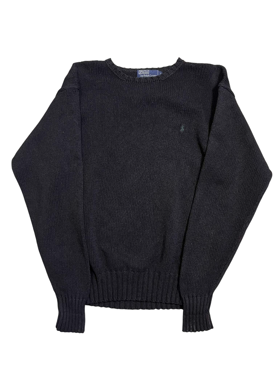 Fekete vintage hosszú ujjú kötött pulóver, klasszikus utcai ruházat stílusban.