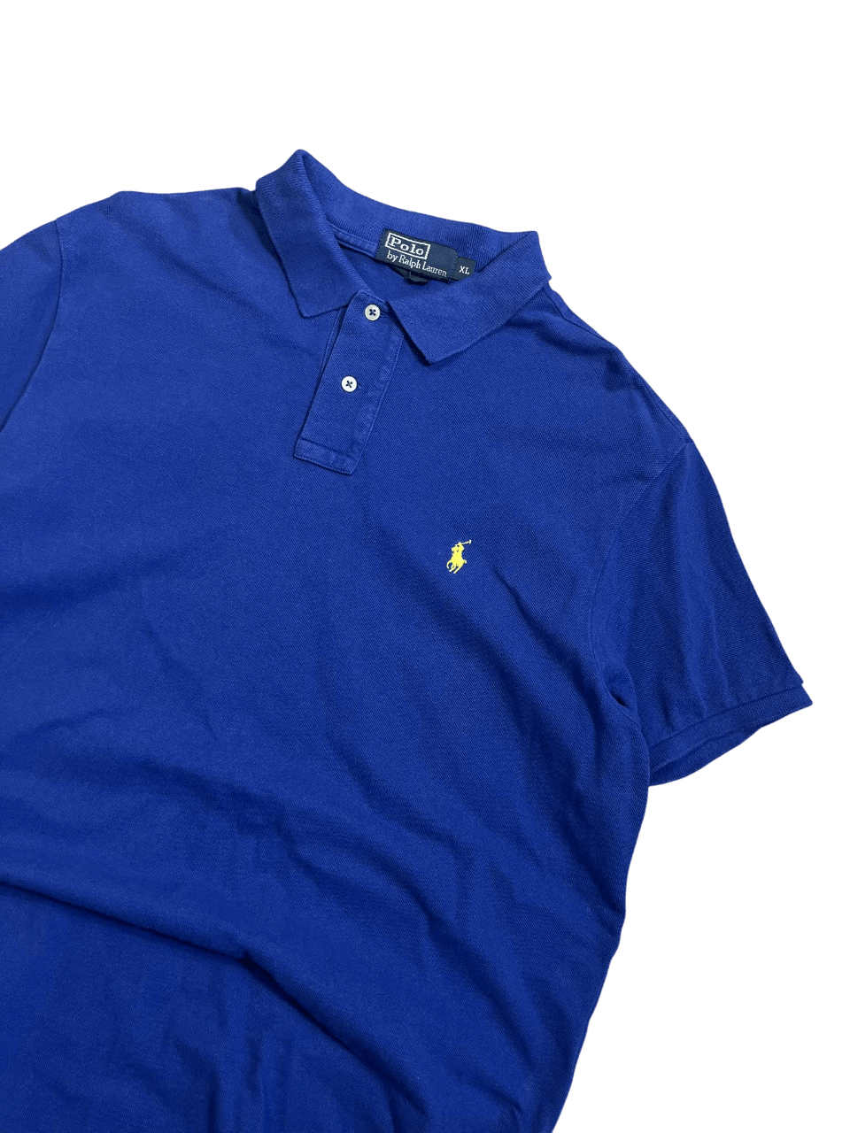 Kék, rövid ujjú Ralph Lauren vintage póló gallérral, hímzett logóval a mellkasán