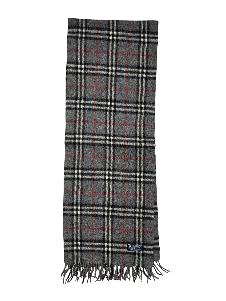 Szürke kockás vintage gyapjú sál bojtos szegéllyel, utcai ruházat kiegészítő.