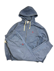 Kék vintage streetwear melegítő szett, kapucnis pulóver és nadrág, piros logóval