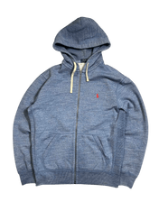 Kék cipzáros kapucnis streetwear pulóver vintage stílusban, elöl zsebbel.