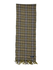 Kockás mintás, vintage gyapjú sál, zöld és barna árnyalatokkal, rojtokkal