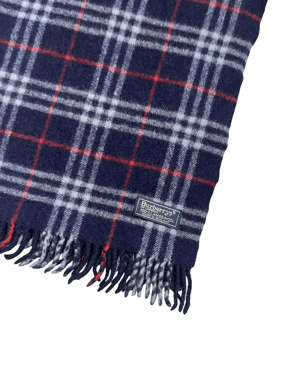 Sötétkék kockás vintage gyapjú sál rojtos szegéllyel és felvarrt címkével