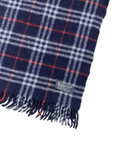 Sötétkék kockás vintage gyapjú sál rojtos szegéllyel és felvarrt címkével