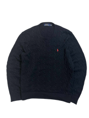 Sötétkék kötött pulóver, kerek nyakkal, vintage stílus, mellkason hímzett logóval.