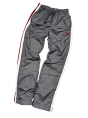 Szürke streetwear melegítőnadrág fehér oldalcsíkkal és gumis derékkal