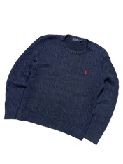 Sötétkék kötött pulóver piros hímzett logóval, vintage streetwear stílus