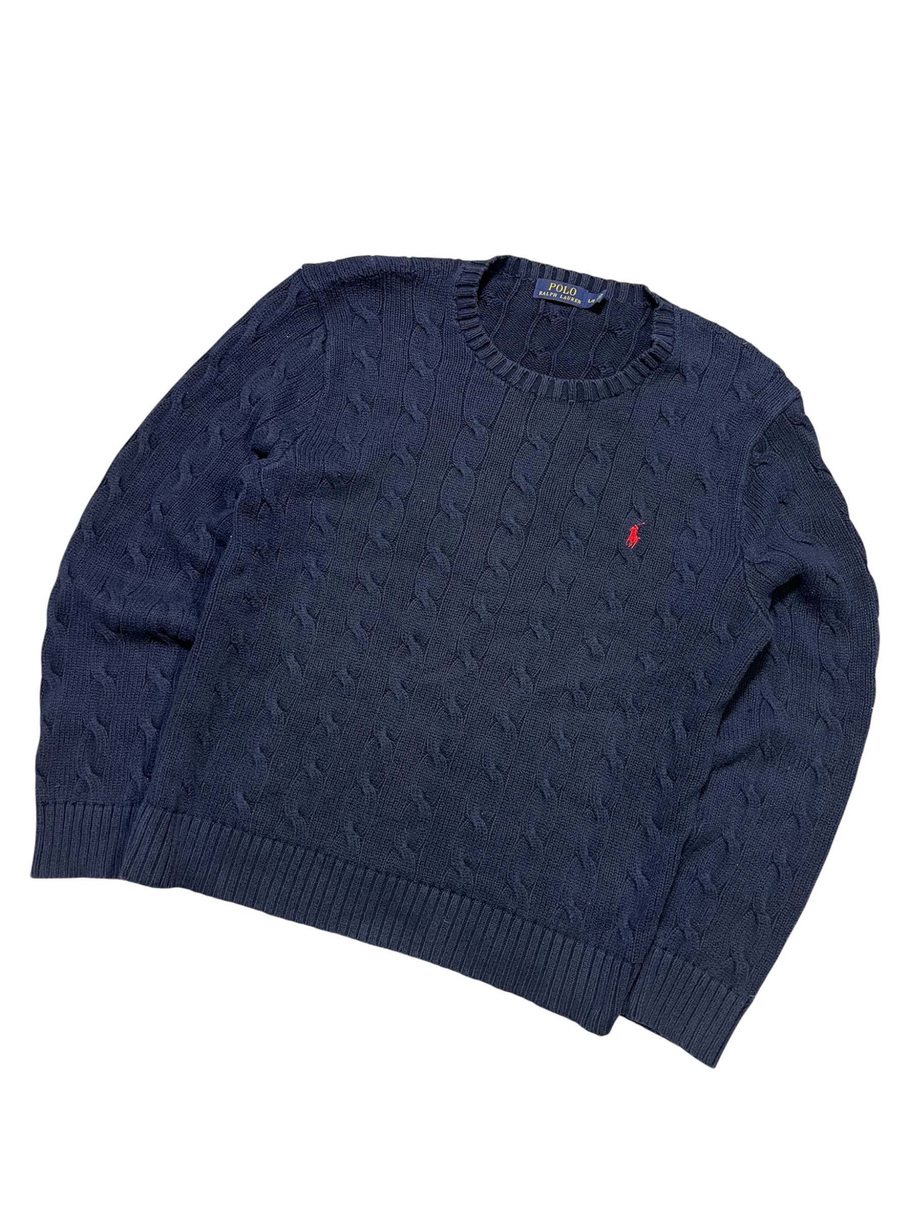 Sötétkék kötött pulóver piros hímzett logóval, vintage streetwear stílus