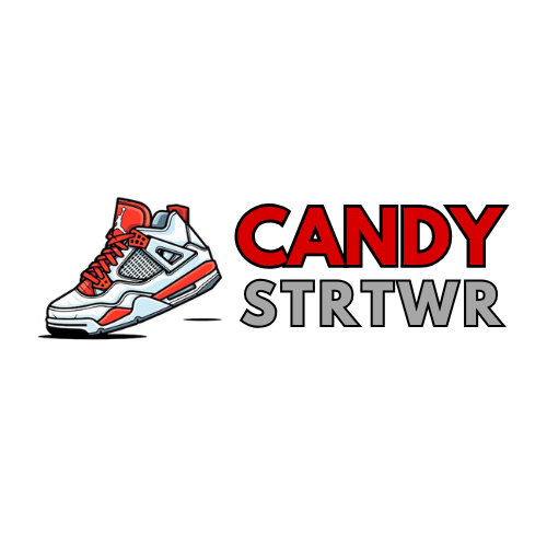 Sneaker with red accents and 'CANDY STRTWR' text on a white background