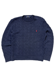 Sötétkék vintage kötött pulóver, kerek nyakkal, bal oldalon hímzett logóval.